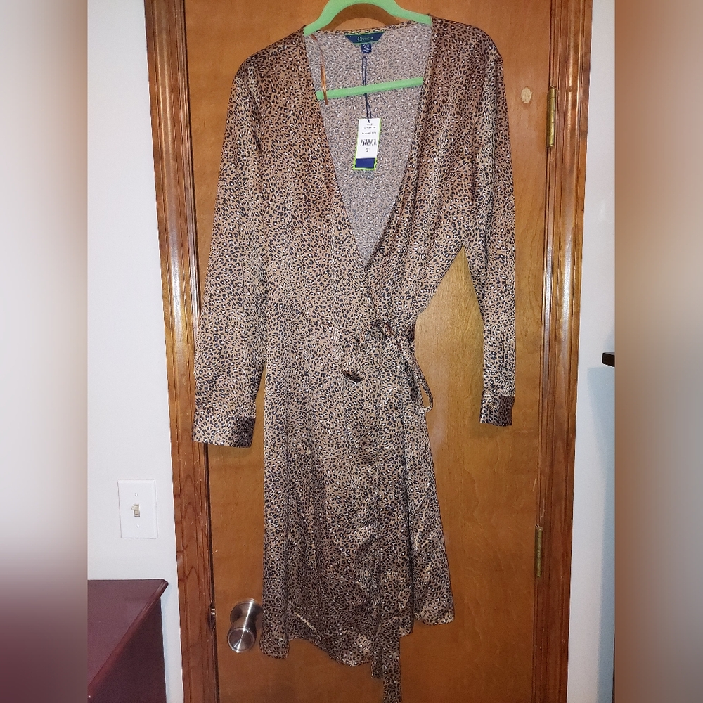 Brown Satin Cheetah Print Wrap Dress